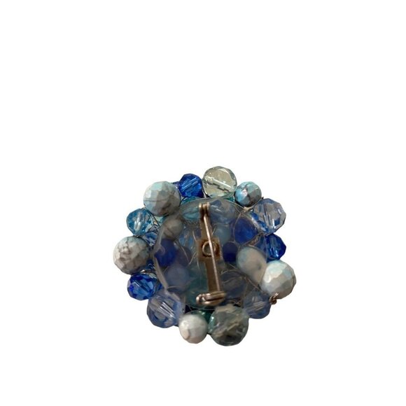 Mixed Blue Tones Beaded Cluster Brooch Statement 2.5" Diameter Pin - Picture 9 of 12